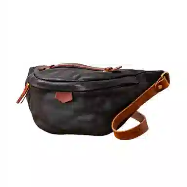 后步 小众不撞款设计时尚个性撞色百搭休闲运动日常通勤 头层牛皮 单肩斜挎胸包 男女同款情侣款 黑色