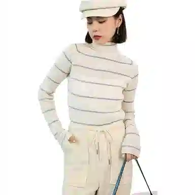 美洋 纯色条纹高领针织衫 女款