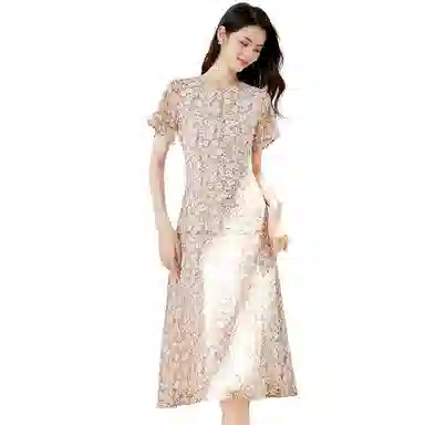 晚白 高腰碎花连衣裙 女款 花色