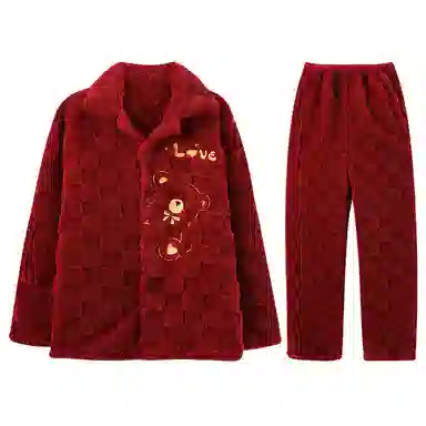 兰缪 新婚喜庆珊瑚绒加绒加厚本命年保暖长袖长裤睡衣套装 男款 红色
