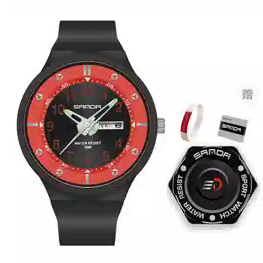 三达学生简约休闲潮流手表双历夜光防水石英机芯黑色表盘男表国表