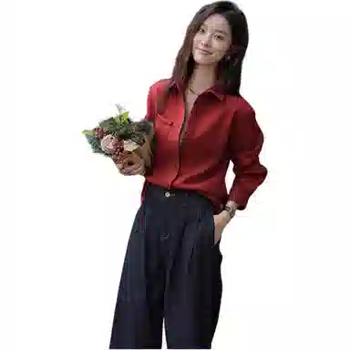 【dme】 纯色口袋翻领长袖衬衫 女款 红色