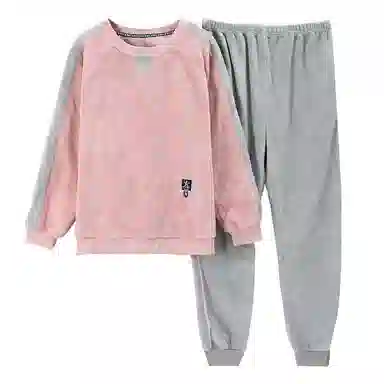 歌倩雅 法兰绒珊瑚绒长袖长裤保暖加厚睡衣套装 女款 灰粉色
