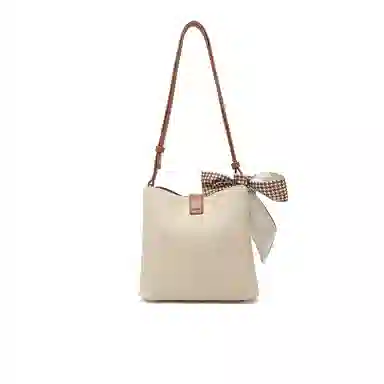 稻草人 简约百搭撞色蝴蝶结丝巾装饰 聚氨酯革 斜挎包 女款 卡其/米白