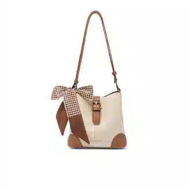 稻草人 简约百搭撞色蝴蝶结丝巾装饰 聚氨酯革 斜挎包 女款 卡其/米白
