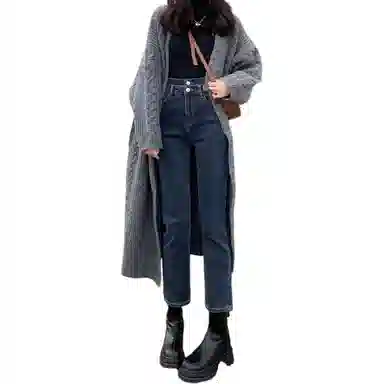 惟熙 加厚保暖窄版加绒双扣牛仔裤 女款 蓝灰色