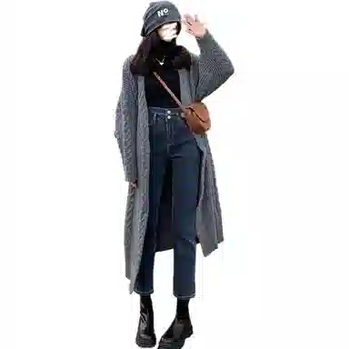 惟熙 加厚保暖窄版加绒双扣牛仔裤 女款 蓝灰色