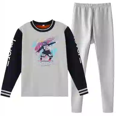 兰缪 青少年加绒加厚个性涂鸦圆领套头抗寒蓄热锁温不易褪色防刮耐磨不起球透气舒适保暖套装 男款