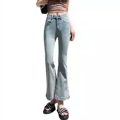 莫代尔 高腰修身开叉九分喇叭牛仔裤 女款 浅蓝色