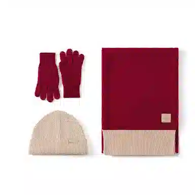 玖慕 红色三件套冬送礼加厚保暖围脖帽子手套套装礼盒 绵羊毛 绒线围巾 女款