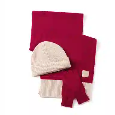 玖慕 红色三件套冬送礼加厚保暖围脖帽子手套套装礼盒 绵羊毛 绒线围巾 女款