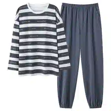 俏霓桐 时尚条纹柔软舒适长袖圆领透气休闲长裤睡衣套装 女款 图色