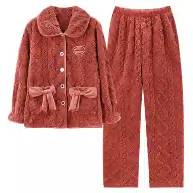 莫代尔 舒适透气宽松不臃肿显瘦亲肤细腻长袖上衣不勒腹可外穿家居服加厚保暖长裤秋冬睡衣套装 女款 橙红色