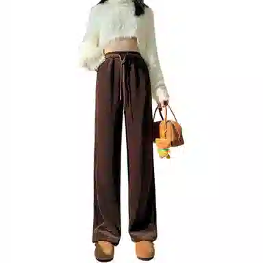 惟熙 高腰宽松阔腿裤舒适简约加厚纯色休闲裤 女款 咖啡色