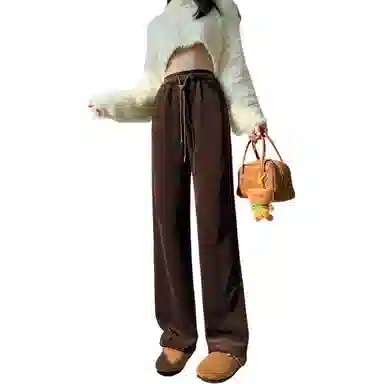 惟熙 高腰宽松阔腿裤舒适简约加厚纯色休闲裤 女款 咖啡色