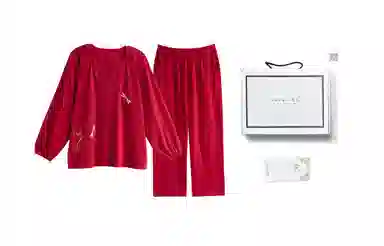 歌倩雅 简约中国风蜻蜓本命年长袖休闲可外穿长裤睡衣礼盒 女款 红色