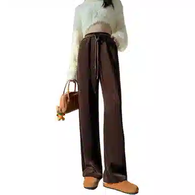 惟熙 高腰宽松阔腿裤舒适简约加厚纯色休闲裤 女款 咖啡色