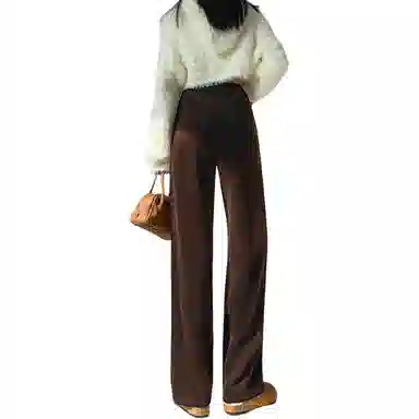 惟熙 高腰宽松阔腿裤舒适简约加厚纯色休闲裤 女款 咖啡色