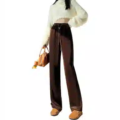 惟熙 高腰宽松阔腿裤舒适简约加厚纯色休闲裤 女款 咖啡色