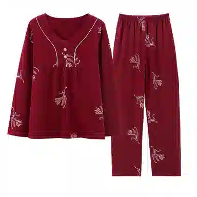 莫代尔 可外穿简约慵懒风显瘦成熟保暖细腻不臃肿储温轻柔舒适亲肤长袖长裤睡衣套装 女款 深红色