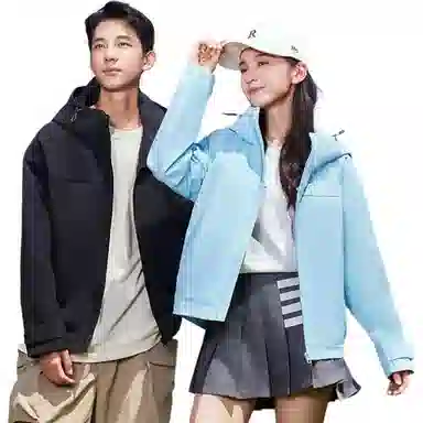 鸭鸭 户外露营短款连帽拼色防风夹克外套 男女同款