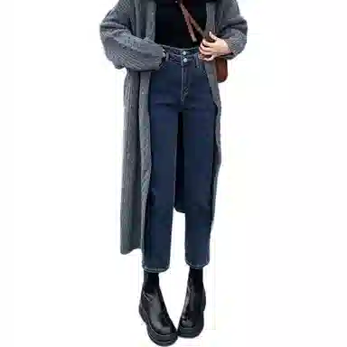 惟熙 加厚保暖窄版加绒双扣牛仔裤 女款 蓝灰色