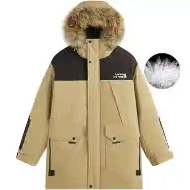 帕丁顿熊 纯色拼接毛领派克中长款连帽宽松休闲外套防风防寒保暖加厚羽绒服 男女同款