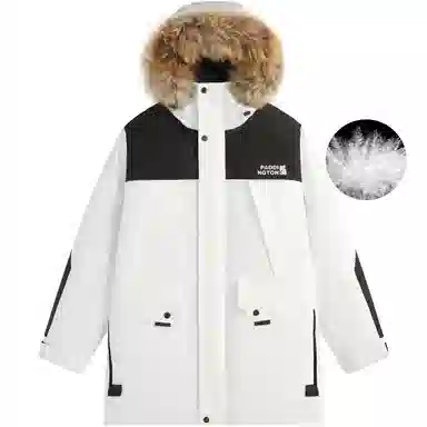 帕丁顿熊 纯色拼接毛领派克中长款连帽宽松休闲外套防风防寒保暖加厚羽绒服 男女同款