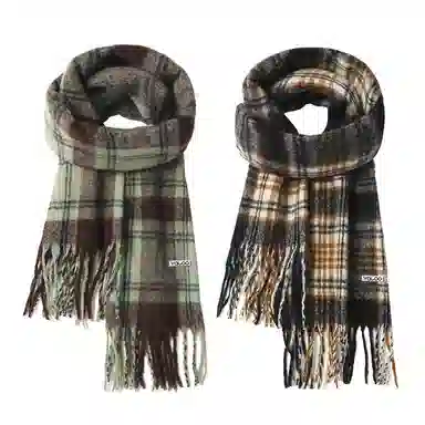 雅鹿 复古氛围感格纹  拉面马海毛加大加厚披肩 聚酯纤维 绒线围巾 男女同款情侣款 礼盒装