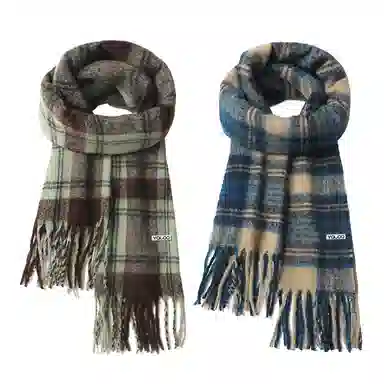 雅鹿 复古氛围感格纹  拉面马海毛加大加厚披肩 聚酯纤维 绒线围巾 男女同款情侣款 礼盒装