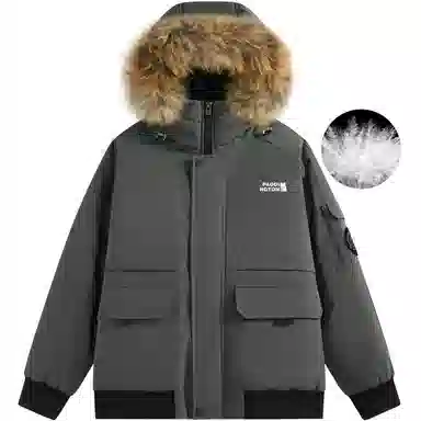 帕丁顿熊 纯色毛领派克连帽宽松外套简约小熊贴标休闲防风防寒保暖加厚羽绒服 男女同款