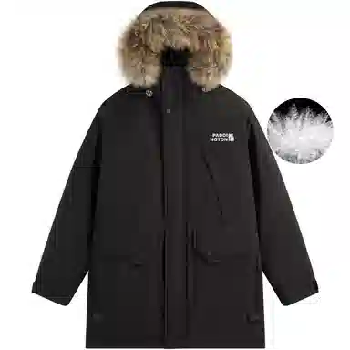 帕丁顿熊 纯色拼接毛领派克中长款连帽宽松休闲外套防风防寒保暖加厚羽绒服 男女同款