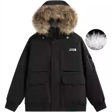 帕丁顿熊 纯色毛领派克连帽宽松外套简约小熊贴标休闲防风防寒保暖加厚羽绒服 男女同款