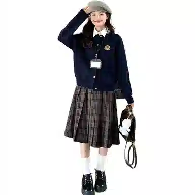 东鲸岁时记 慵懒风学院风高级感针织开衫舒适长袖衬衫格纹半身裙裙装套装 女款