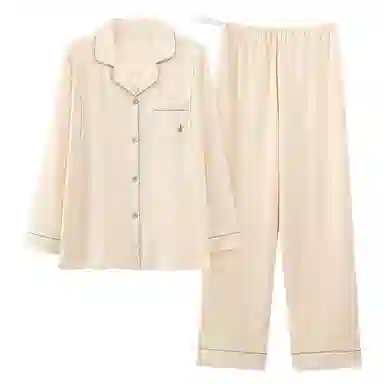 莫代尔 纯色孕期舒适透气显瘦翻领长袖上衣可外穿月子家居服长裤睡衣套装 女款 杏色