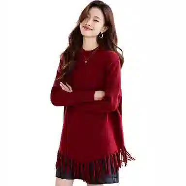 恒源祥 纯色时尚流苏宽松小众设计针织衫 女款