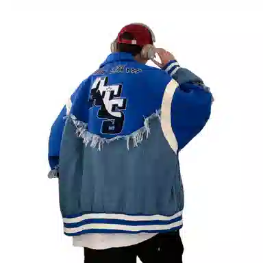 美式复古拼接字母刺绣宽松百搭牛仔外套棒球服 男女同款