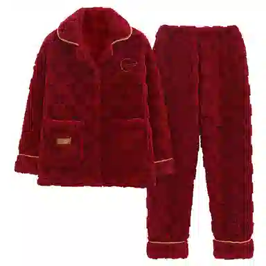 莫代尔 保暖亲肤舒适蓄热透气简约时尚家居服长袖长裤可外穿不臃肿开衫睡衣套装 男女同款 红色