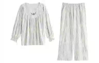 歌倩雅 简约休闲柔软长袖甜美可外穿长裤家居服睡衣套装 女款 图色