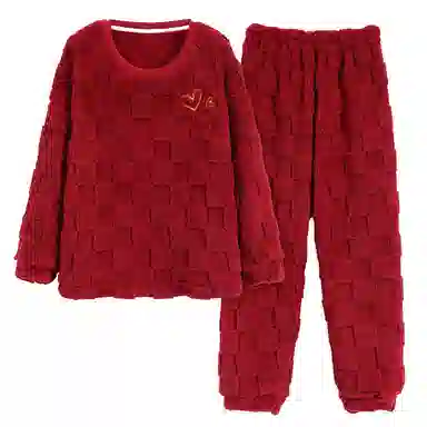 莫代尔 保暖亲肤舒适透气细腻圆领气质时尚家居服长袖长裤可外穿睡衣套装 男女同款 红色