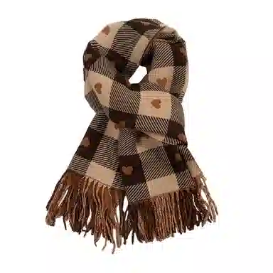 北极绒 秋冬季新款高级感爱心披肩保暖高端针织格子围脖 绒线围巾 男女同款情侣款