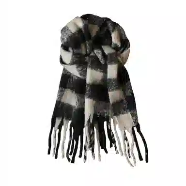 北极绒 高级感黑白格子长款韩版秋冬季学生加厚保暖马海毛 绒线围巾 男女同款情侣款