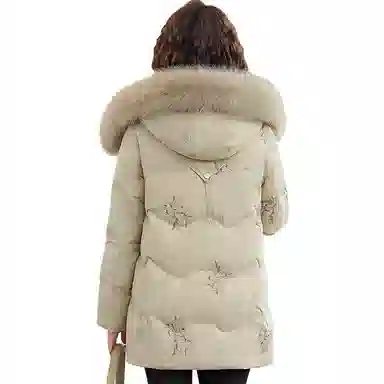 雅鹿 毛领宽松连帽中长款厚羽绒服 女款