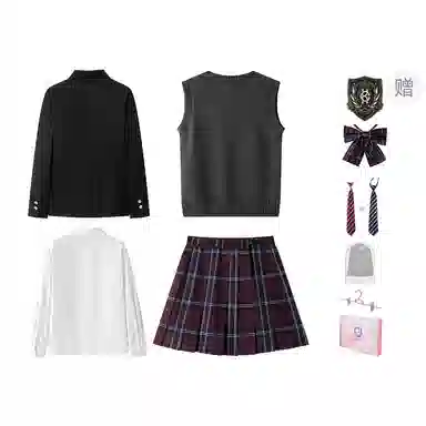 东鲸岁时记 学院风修身收腰西装高智感穿搭纯色格子百褶裙长袖衬衫针织开衫套装制服 女款