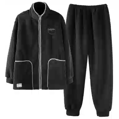 俏霓桐 简约休闲卡西米绒蓄温保暖长袖拉链可外穿睡衣套装 男款 黑灰色