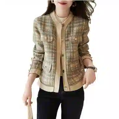 【dme】 格子粗花圆领小香风夹克 女款 卡其
