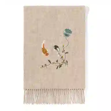 上海故事 新中式国风刺绣 鱼儿嬉戏加厚保暖 结婚喜庆 绵羊毛 绒线围巾 女款