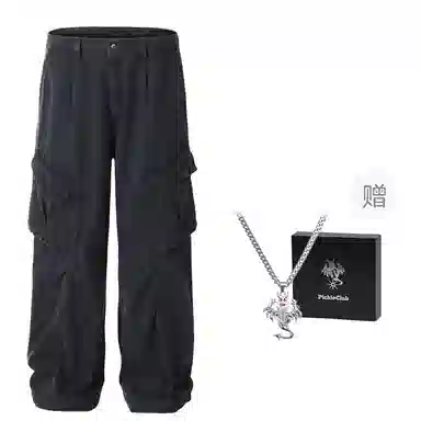 梁拌泡菜 美式高街风纯色宽松全棉工装裤 男女同款 黑色