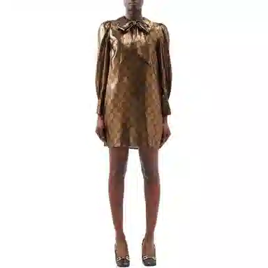 Gucci SS23 Logo Print Long Sleeve Dress Gold