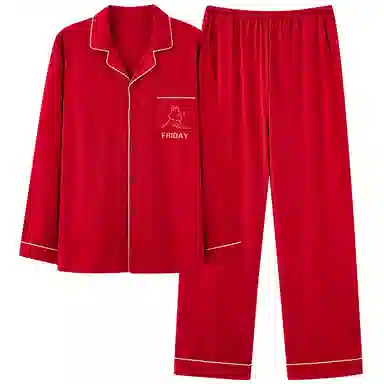 莫代尔 时尚开衫显瘦长袖长裤简约亲肤舒适家居服可外穿睡衣套装 男女同款 红色